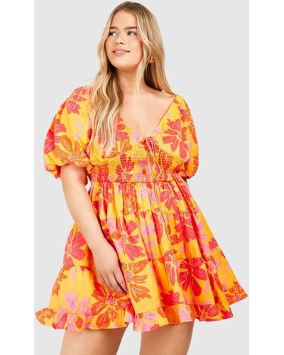 Boohoo Plus Woven Floral Print Shirred Waist Skater Dress - Orange