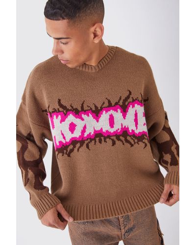 BoohooMAN Boxy Homme Graffiti Knitted Sweater - Pink