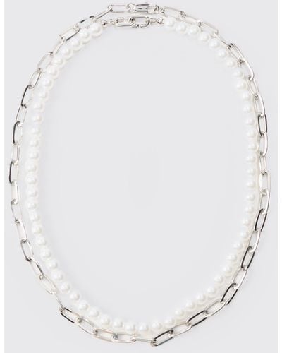 Boohoo 2 Pack Multi Layer Pearl And Chain Necklace In Silver - White