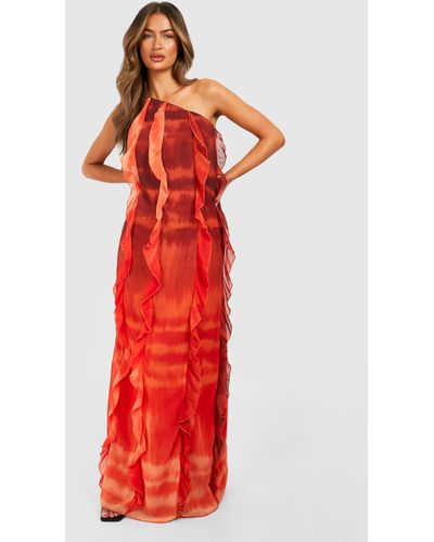 Boohoo Ombre Print Ruffle Asymmetric Maxi Dress - Red