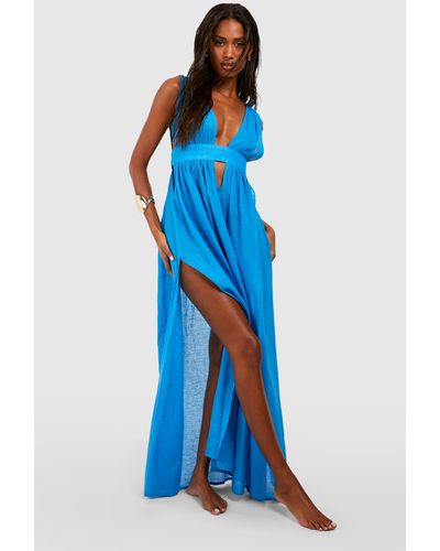 Boohoo Linen Look Plunge Split Maxi Beach Dress - Blue