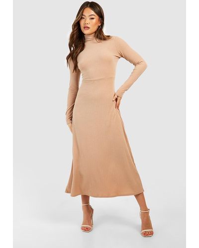 Boohoo Soft Rib Roll Neck Long Sleeve Midaxi Dress - Natural