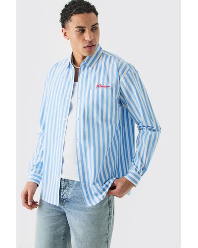 BoohooMAN Long Sleeve Oversized Embroidered Stripe Shirt - Blau