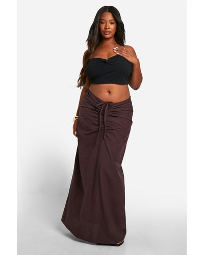Boohoo Plus Cotton Ruched Maxi Skirt - Brown
