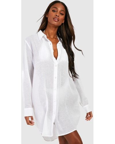 Boohoo Linen Look Longline Beach Shirt - White