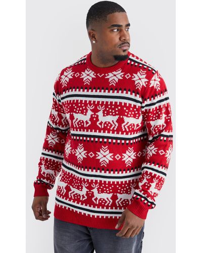 Boohoo Plus Reindeer Fairisle Christmas Sweater - Red