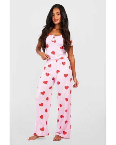 Boohoo Pijama De San Valentín Con Botones Y Estampado De Corazones - Rojo