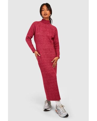 Boohoo Soft Rib Knit Roll Neck Midaxi Sweater Dress - Red