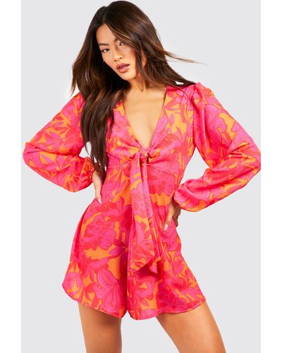 Boohoo Floral Tie Front Playsuit - Red