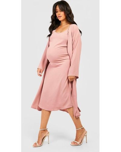 Boohoo Maternity Textured Strappy Midi Dress And Belted Kimono - Pink