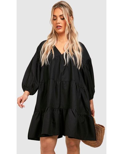 Boohoo Plus Woven Tiered Puff Sleeve Smock Dress - Black