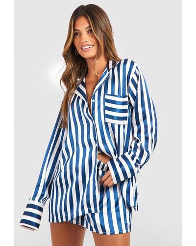 Boohoo Oversized Contrast Stripe Pajama Shirt & Short Set - Blue