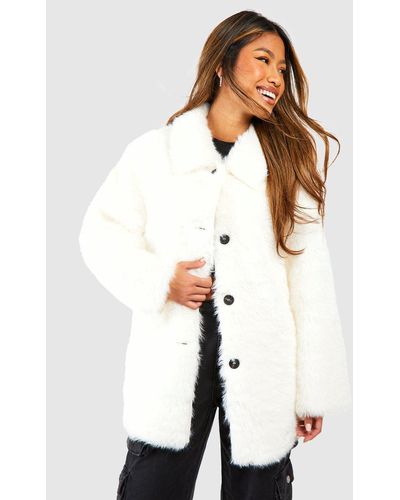 Boohoo Button Through Faux Fur Coat - White