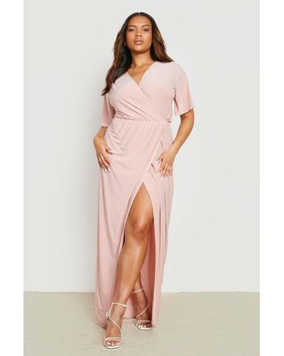 Boohoo Plus Slinky Angel Sleeve Wrap Maxi Dress - Pink