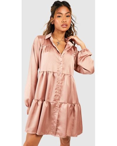 Boohoo Satin Tiered Smock Shirt Dress - Pink