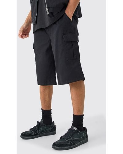 BoohooMAN Elastic Waist Black Relaxed Fit Longer Length Cargo Shorts - Schwarz