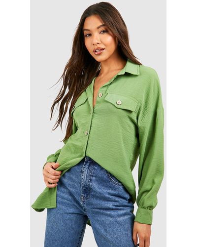 Boohoo Hammered Contrast Button Relaxed Fit Shirt - Green