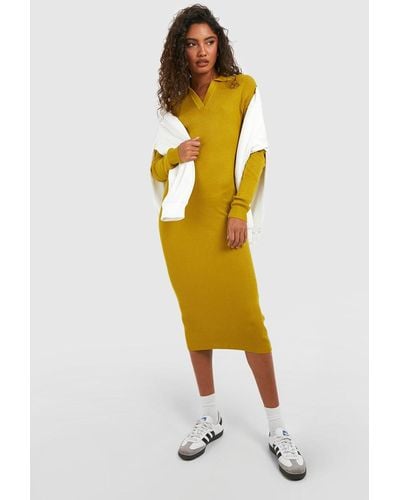 Boohoo Tall Rib Knitted Polo Collared Midi Dress - Yellow