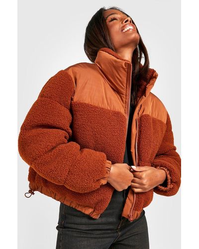Boohoo Teddy Faux Fur Paneled Puffer Jacket - Orange