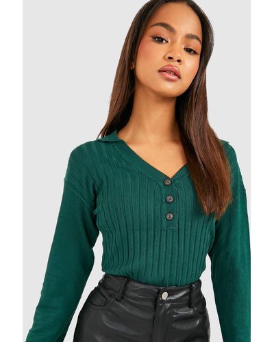 Boohoo Polo Collared Button Detail Knitted Sweater - Green