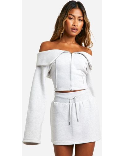 Boohoo Bardot Off The Shoulder Zip Through Sweatshirt And Skirt Set - White