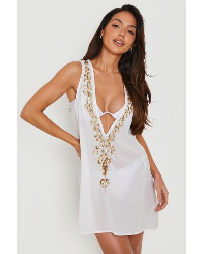Boohoo Embellished Mini Beach Shift Dress - White
