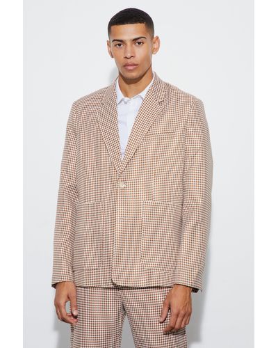BoohooMAN Boucle Houndstooth Oversized Blazer - Natural