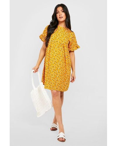 Boohoo Maternity Floral Frill Sleeve Smock Dress - Yellow