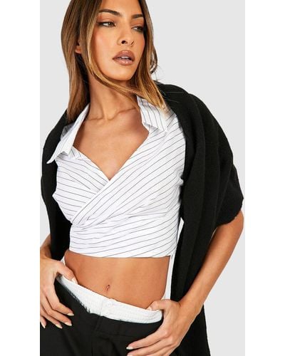 Boohoo Stripe Cotton Wrap Cropped Shirt - Black