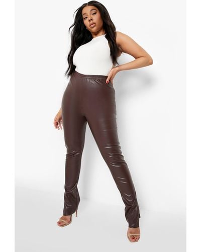 Dark Brown Faux Leather Flare Pants - Women's Slit France