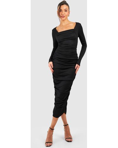 Boohoo Soft Rib Rouched Bust Midi Dress - Black