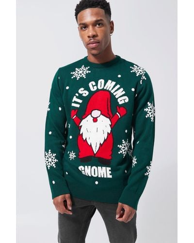 Boohoo It's Coming Gnome Football Christmas Sweater - Green