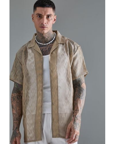 BoohooMAN Tall Short Sleeve Oversized Sheer Lace Textured Shirt - Brown