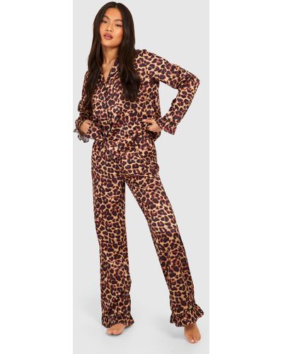 Boohoo Premium Satin Leopard Frill Pajama Trouser Set - Multicolor