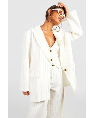 Boohoo Linen Look Stripe Oversized Tailored Blazer - White