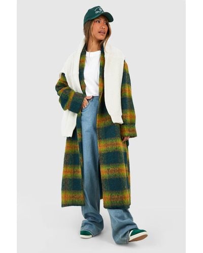 Boohoo Check Cuff Detail Belted Wool Look Coat - Green