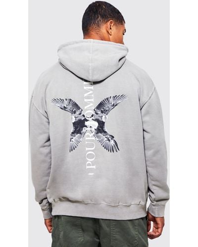 BoohooMAN Oversized Washed Dove Graphic Hoodie - Grey
