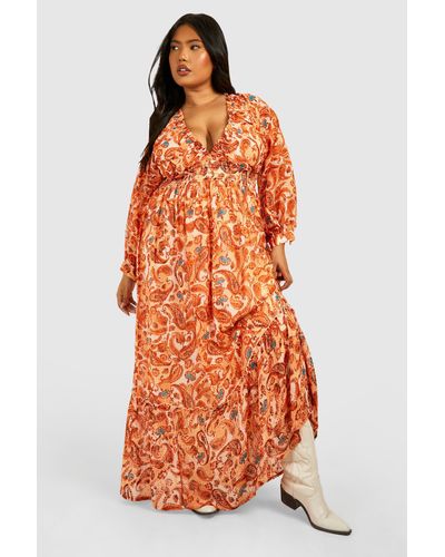 Boohoo Plus Woven Paisley Print V Neck Floaty Maxi Dress - Naranja