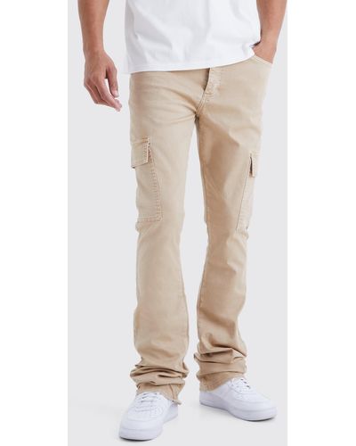 BoohooMAN Tall Skinny Stacked Flare Overdye Cargo Trouser - Natural