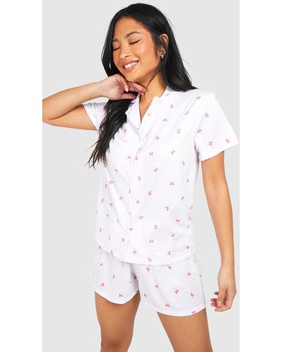Boohoo Petite Bow Print Pyjama Short Set - White