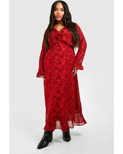 Boohoo Plus Chiffon Printed Smock Dress - Red