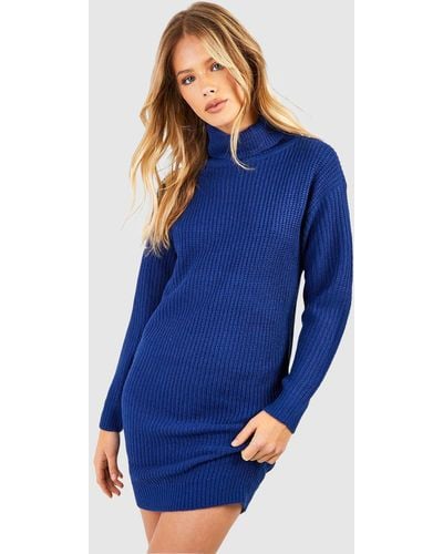 Boohoo Basic Roll Neck Sweater Dress - Blue
