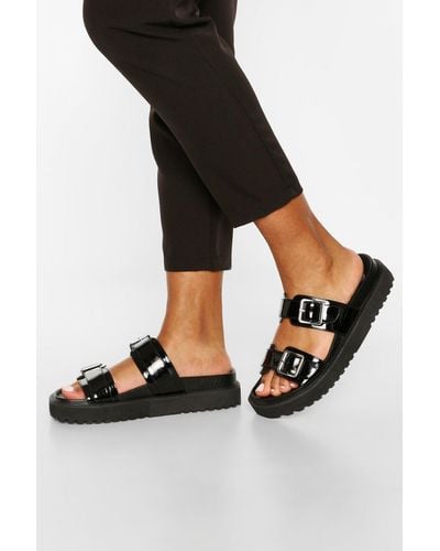 Boohoo Double Strap Chunky Footbed Slides - Black