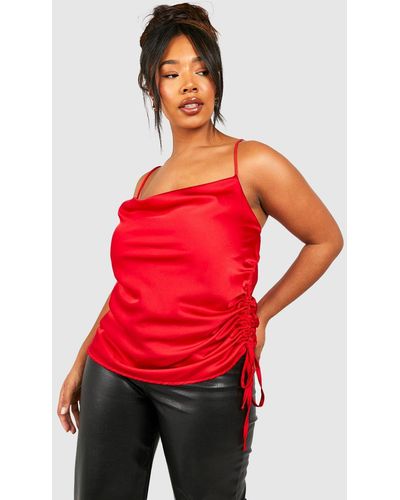 Boohoo Plus Satin Cowl Ruched Side Cami Top - Red