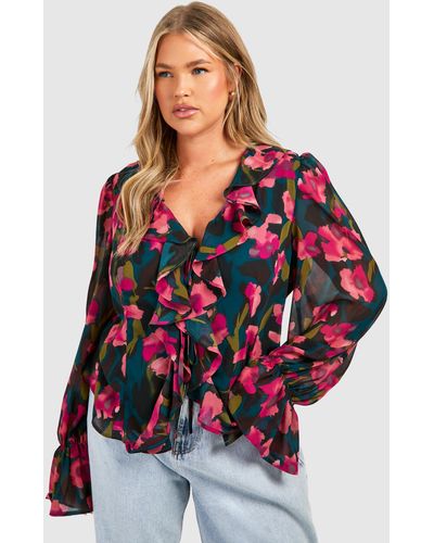 Boohoo Plus Floral Print Ruffle Tie Front Boho Top - Red
