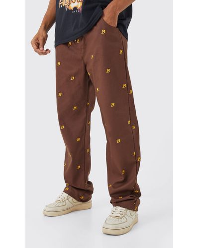 Boohoo Fixed Waist Relaxed All Over Embroidery Trouser - Brown