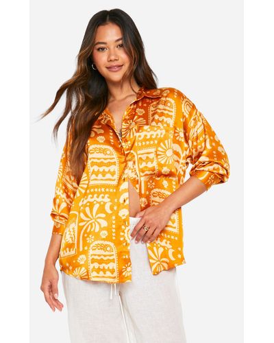Boohoo Satin Printed Oversized Shirt - Naranja