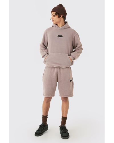 BoohooMAN Man Washed Hooded Short Tracksuit - Pink