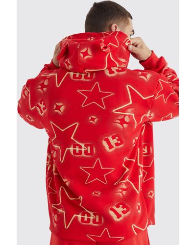 BoohooMAN Oversized All Over Graffiti Ear Hoodie - Red