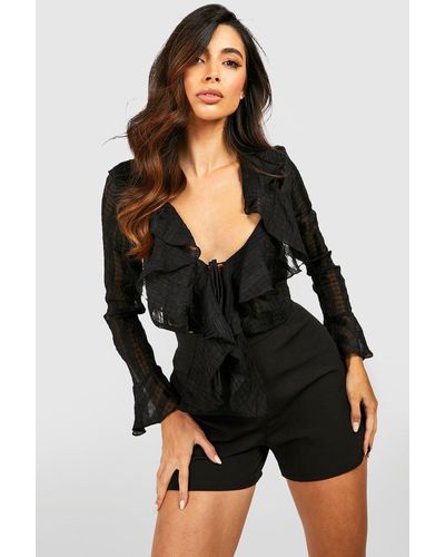Boohoo Textured Ruffle Tie Detail Cropped Blouse Top - Black
